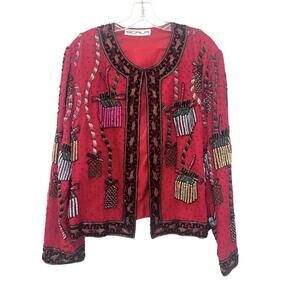 Vintage Scala Holiday Beaded Jacket Womens Red Sequin Christmas  L-XL
